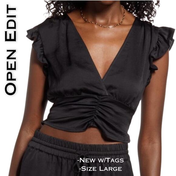 NEW Open Edit Ruffle Ruched Satin Crop Top Large Black Deep V Flutter Sleeve - Picture 1 of 11